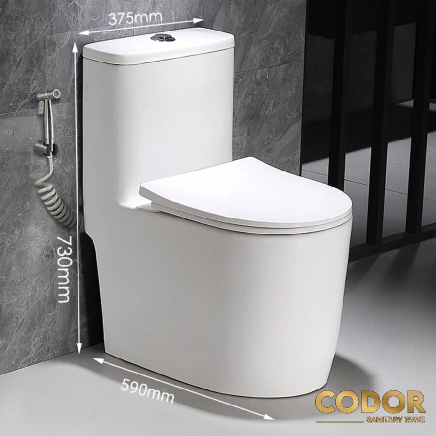 Bồn Cầu 1 Khối Thân Ngắn 59cm Men Sứ Trắng CDBC-220