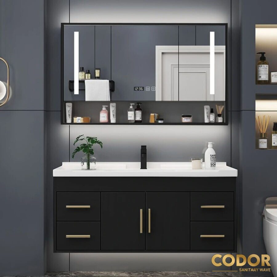 Tủ Lavabo Nhà Tắm Nhựa PVC Đen 100cm Cao Cấp CDTN-7501Đ