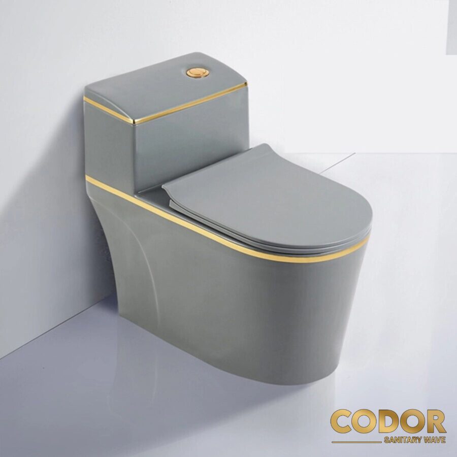 Bồn Cầu 1 Khối Thân Lùn Xám Viền Vàng CDBC-876XVV