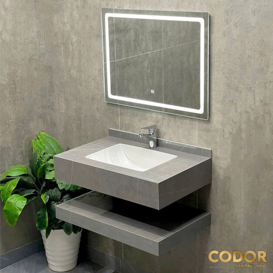 Bàn Đá Lavabo 2 Tầng Xám Bóng Tràn Viền Vuông