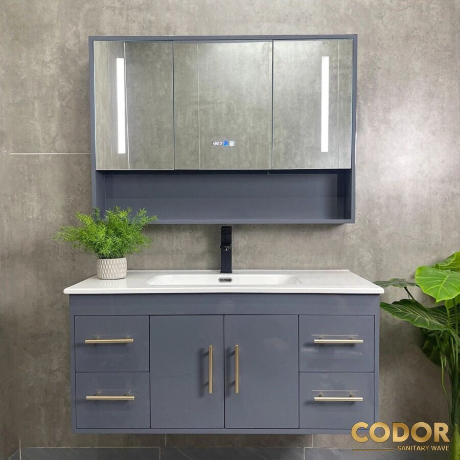 Tủ Lavabo Nhà Tắm Nhựa PVC Xám Gương LED 100CM CDTN-7501X