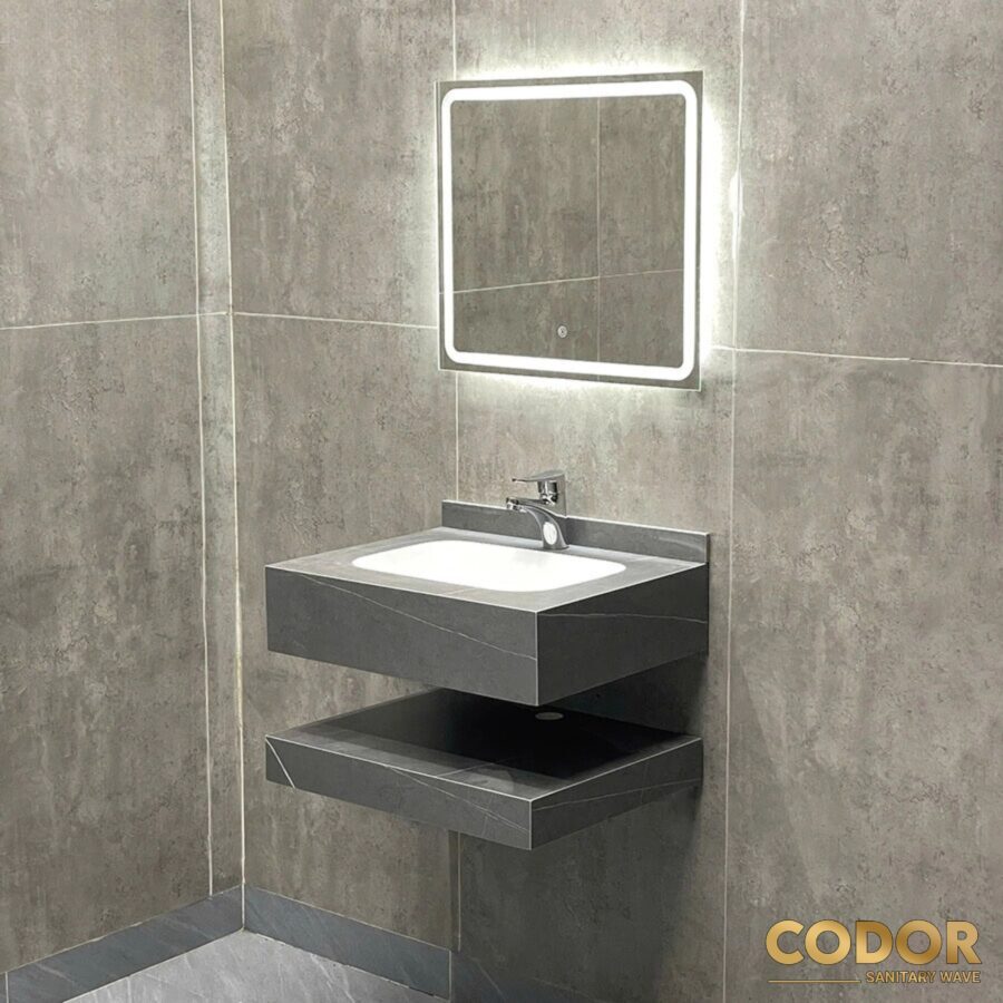 Bàn Đá Lavabo 2 Tầng Xám Nhám Tràn Viền Bầu 60cm