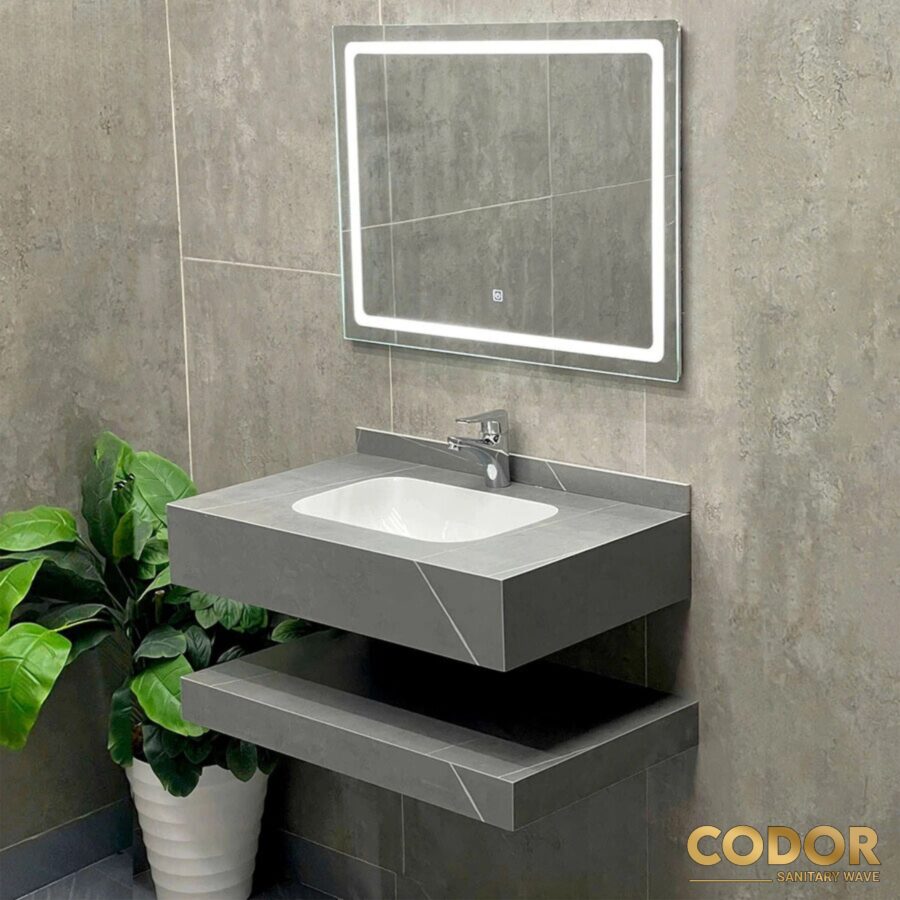 Bàn Đá Lavabo 2 Tầng Xám Nhám Tràn Viền Bầu